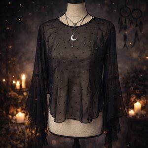 Black‎ Sheer Star Print Bell Sleeve Top Celestial Goth Witchy Small